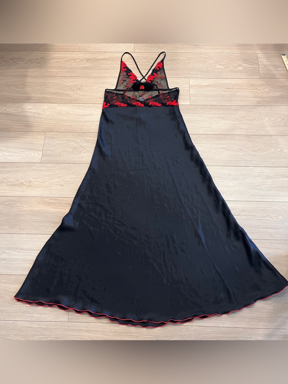Vintage Black Red Floral Lace Satin Maxi Slip Dress Whimsygoth Fairy